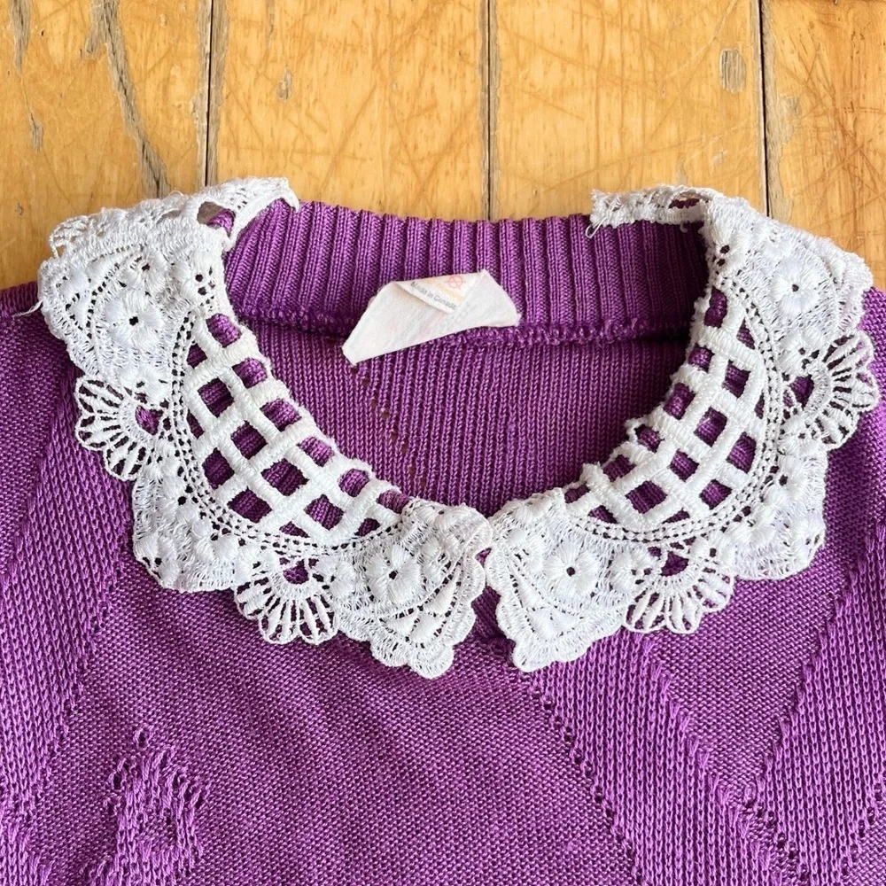Excelsior Vintage 90s Purple Lace Collar Purple Knit Sweater Size Small Medium - Picture 3 of 6